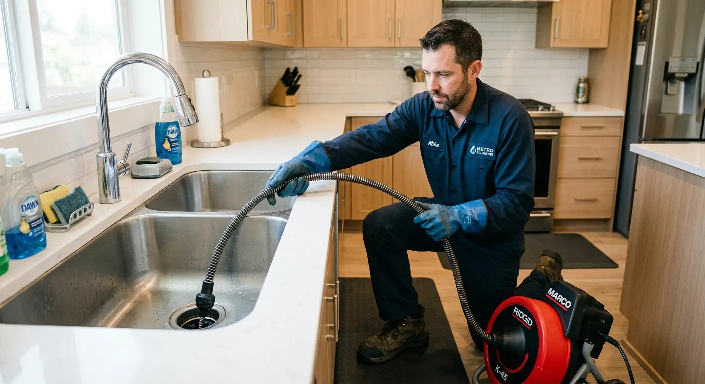 Drain cleaning technician using a motorized snake on a kitchen sink in Clay