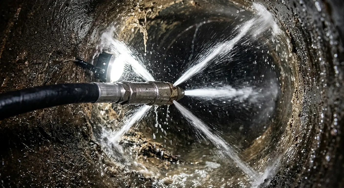 High-pressure hydro jetting nozzle cleaning sewer pipe for Emergency Drain Service in Clay