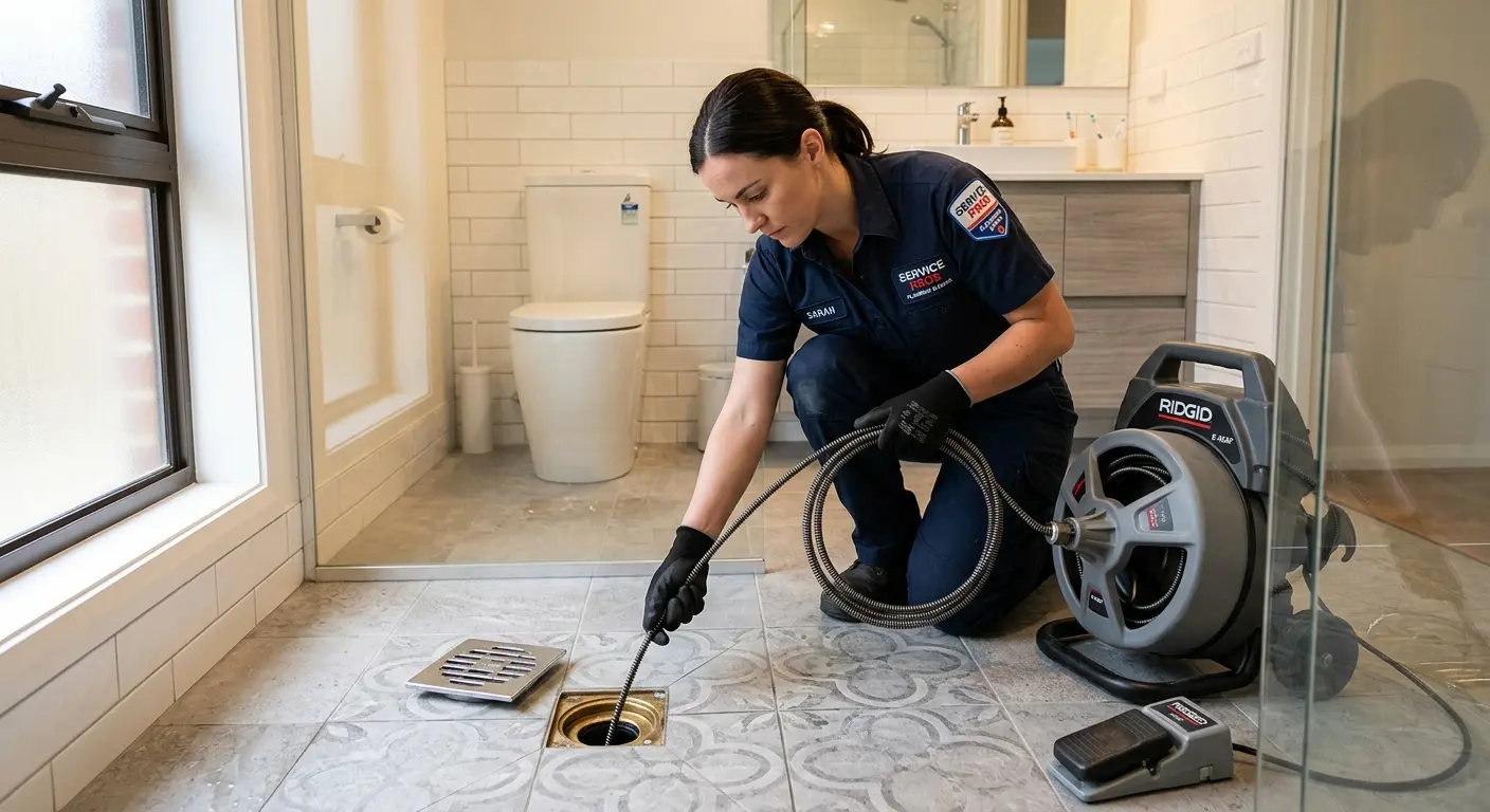 Technician clearing a bathroom floor drain for Clogged Drain Repair in Clay